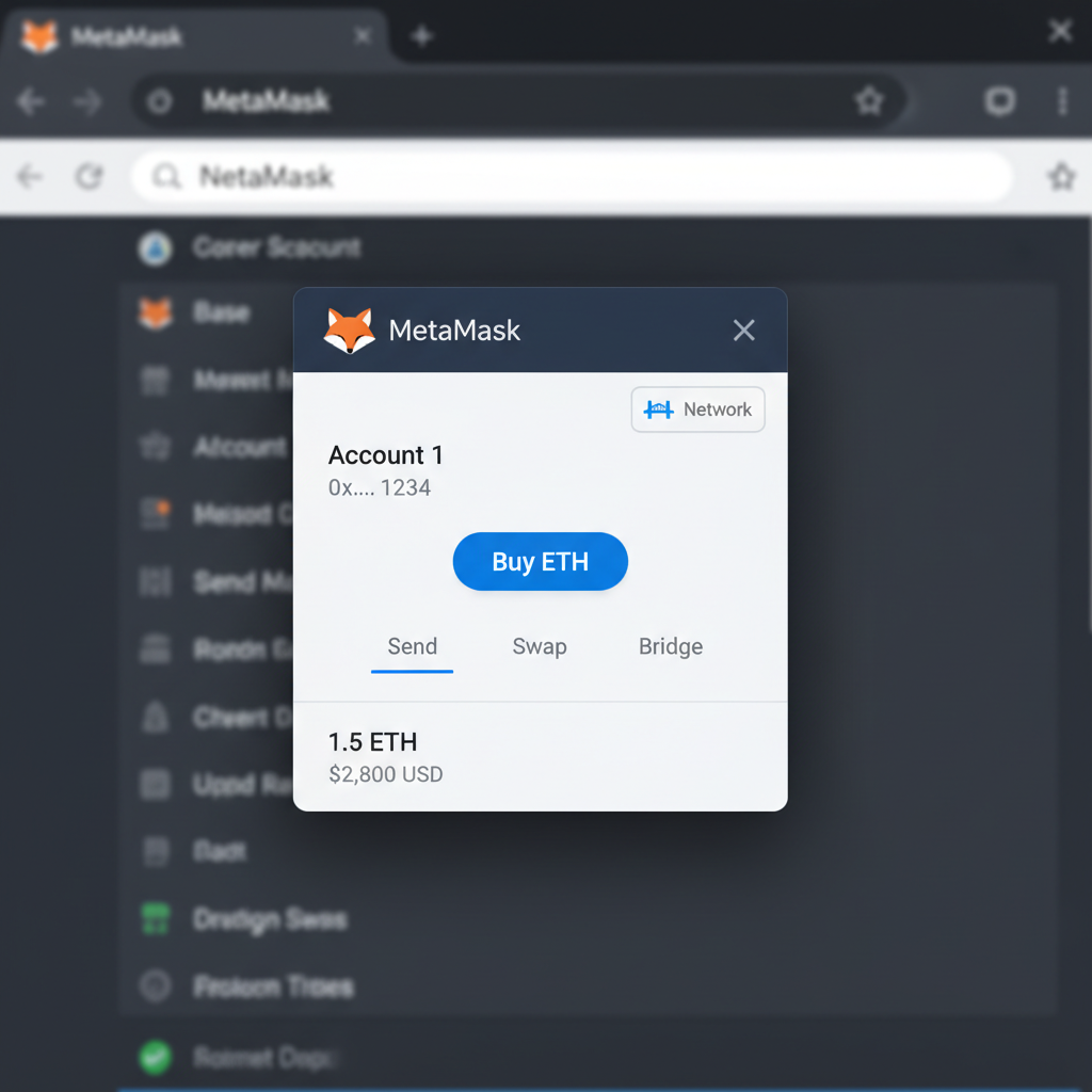MetaMask wallet with Base network added, clean interface, ETH funding button