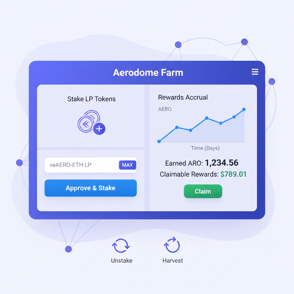 Aerodrome farm staking LP tokens, rewards accrual graph, clean DeFi interface illustration
