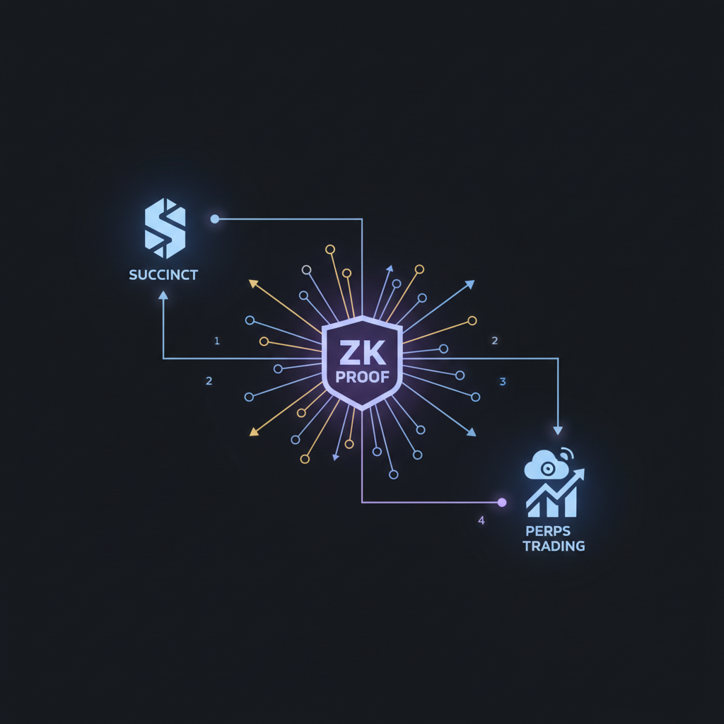 ZK proof circuit diagram glowing with Succinct and Celestia logos for perps trading
