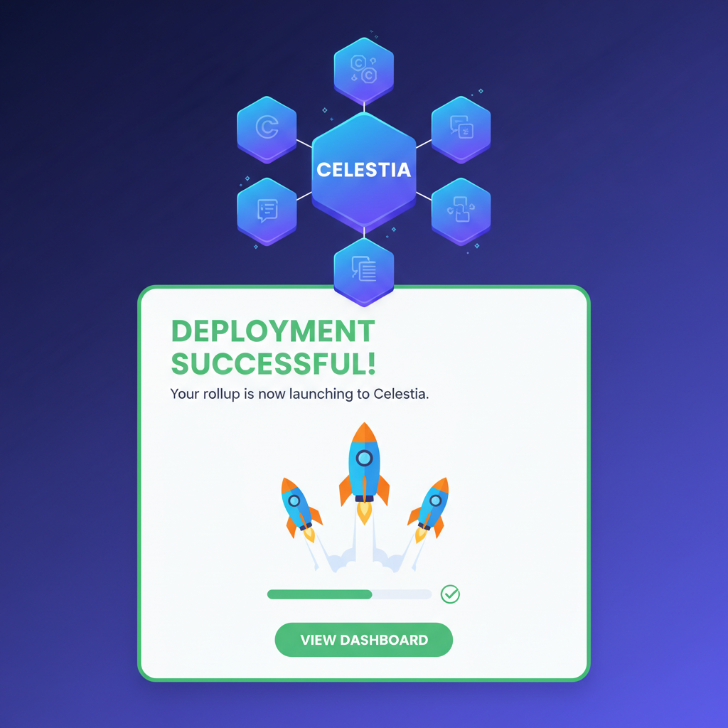 rollup deployment console success screen with rockets launching to Celestia blockchain