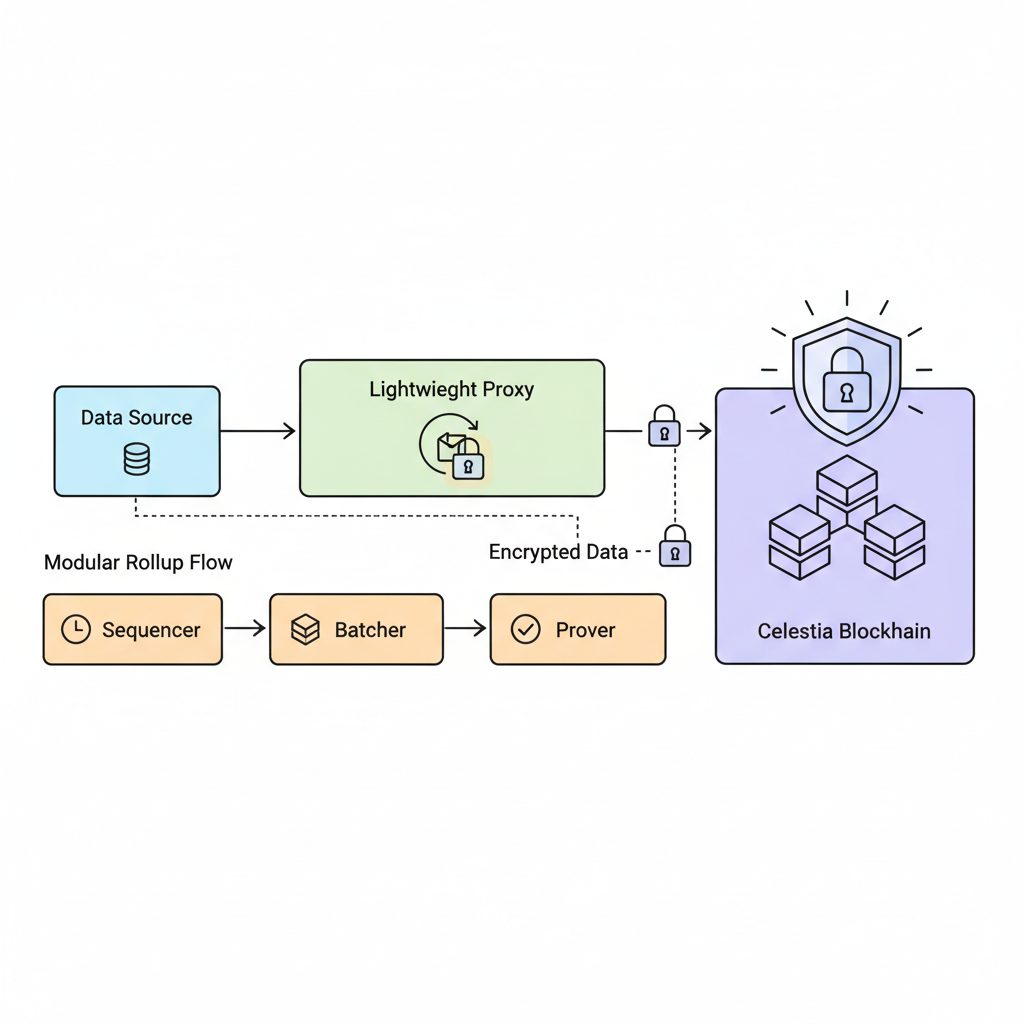 diagram of lightweight proxy encrypting data to Celestia blockchain, secure lock icons, modular rollup flow
