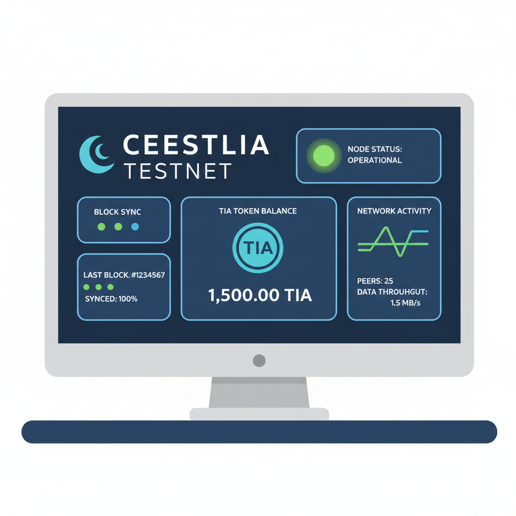 celestia testnet node dashboard with connected green status lights and TIA tokens