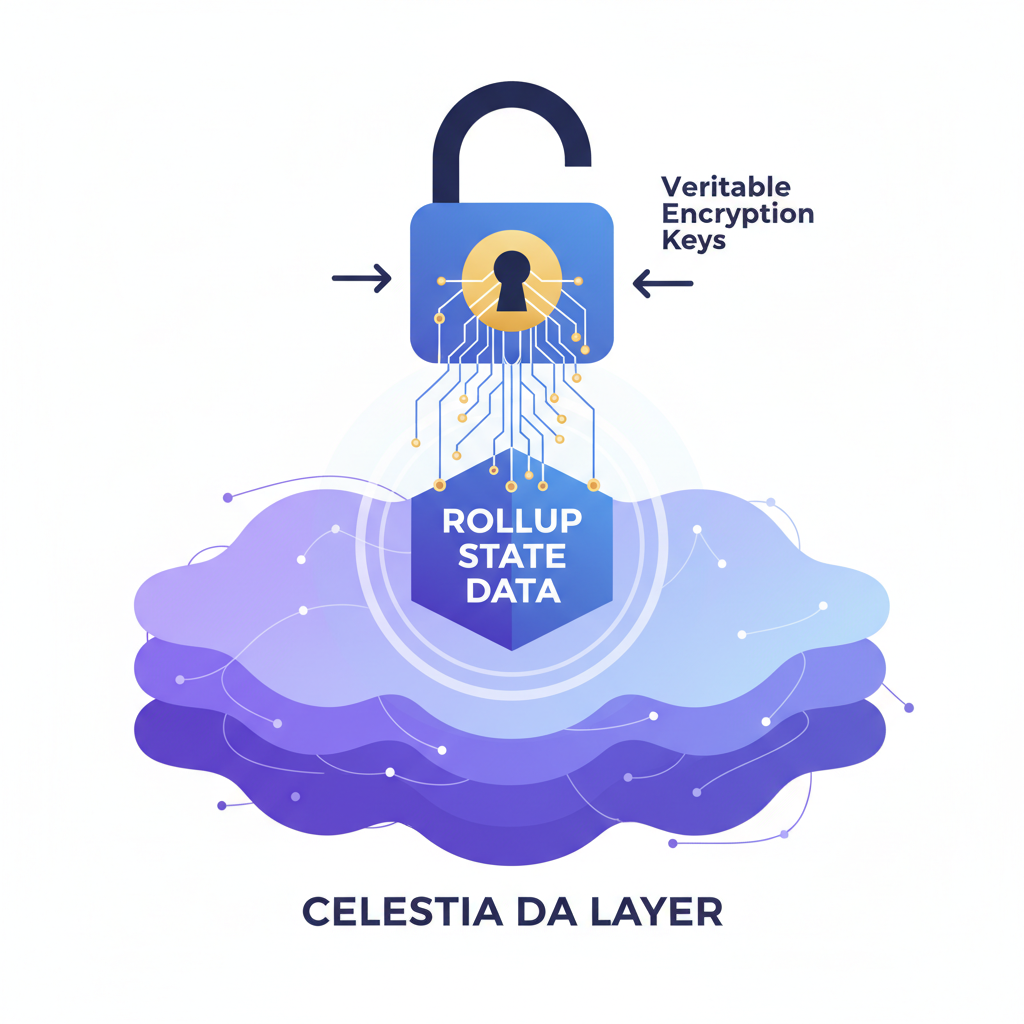 verifiable encryption keys locking rollup state data with Celestia DA layer background