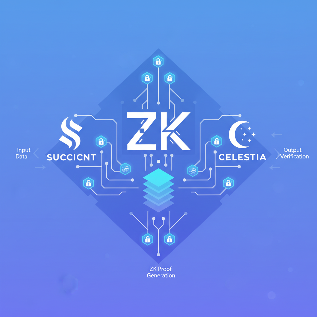 ZK proof generation circuit, Succinct and Celestia logos, encrypted states visualized, futuristic circuit board