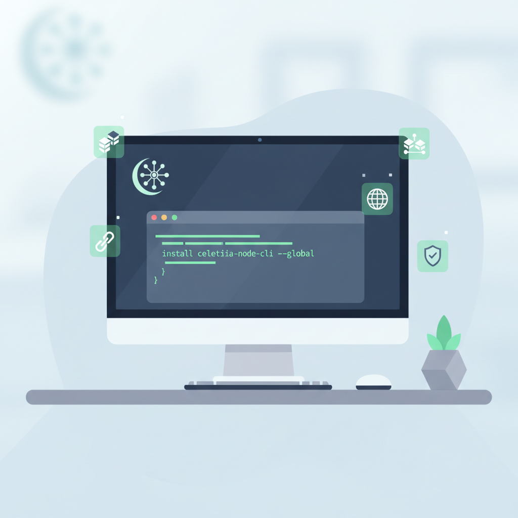 developer workstation with Celestia logo, installing CLI tools, blockchain icons, clean tech style
