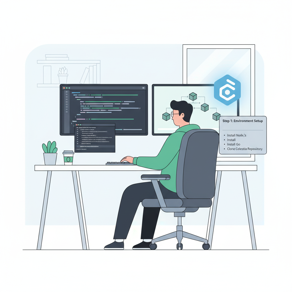 developer setting up blockchain dev environment on dual monitors with Celestia logo glowing