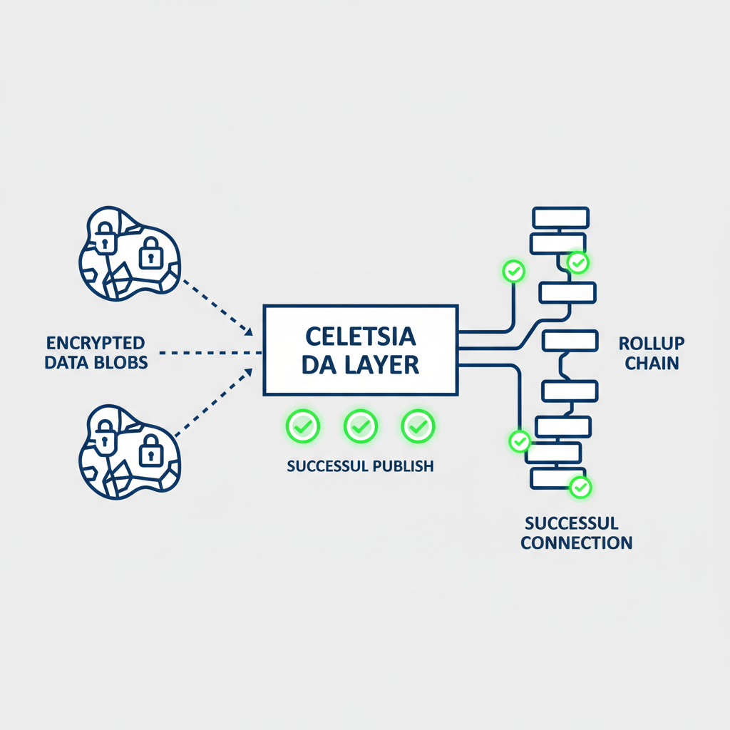encrypted data blobs publishing to Celestia DA layer, rollup chain connecting, green success indicators