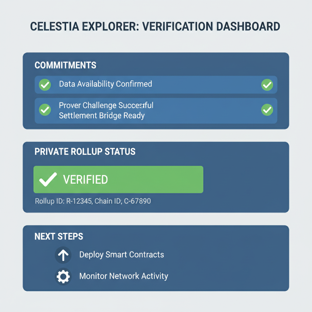 verification dashboard showing Celestia explorer, checkmarks on commitments, private rollup verified