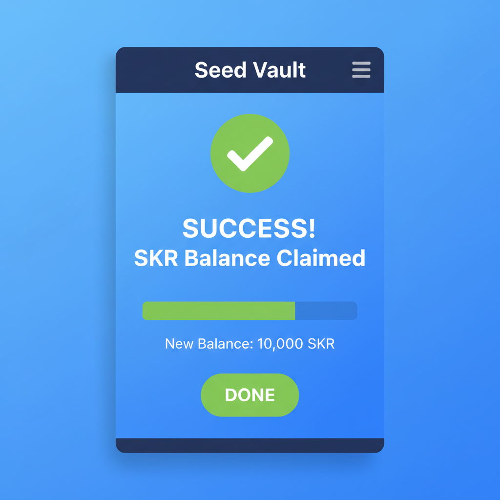 Seed Vault wallet showing claimed SKR balance success, green checkmark