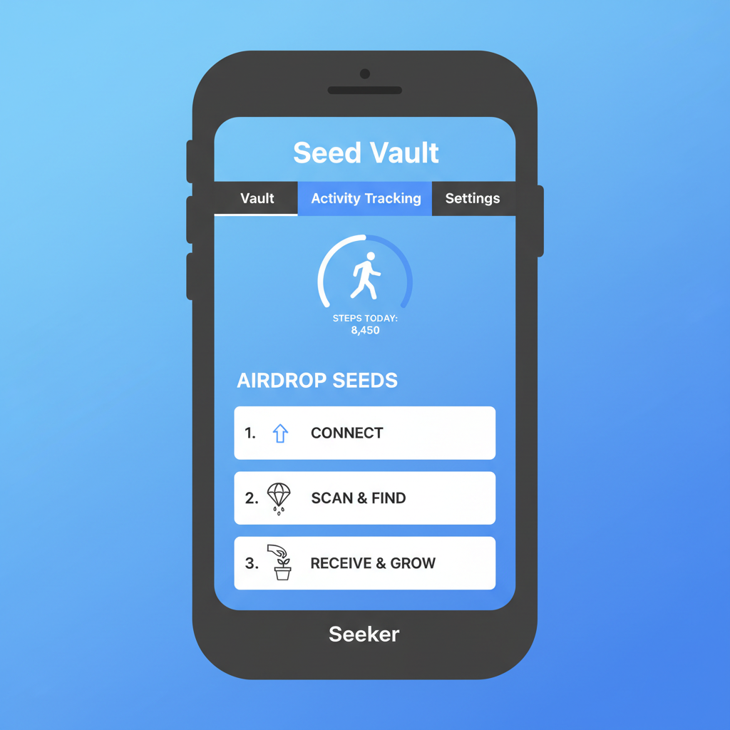 Seed Vault app on Seeker phone, Activity Tracking tab active, airdrop section