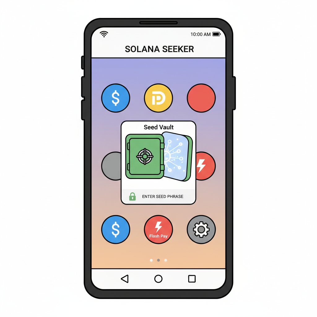 Solana Seeker phone home screen with Seed Vault app icon open