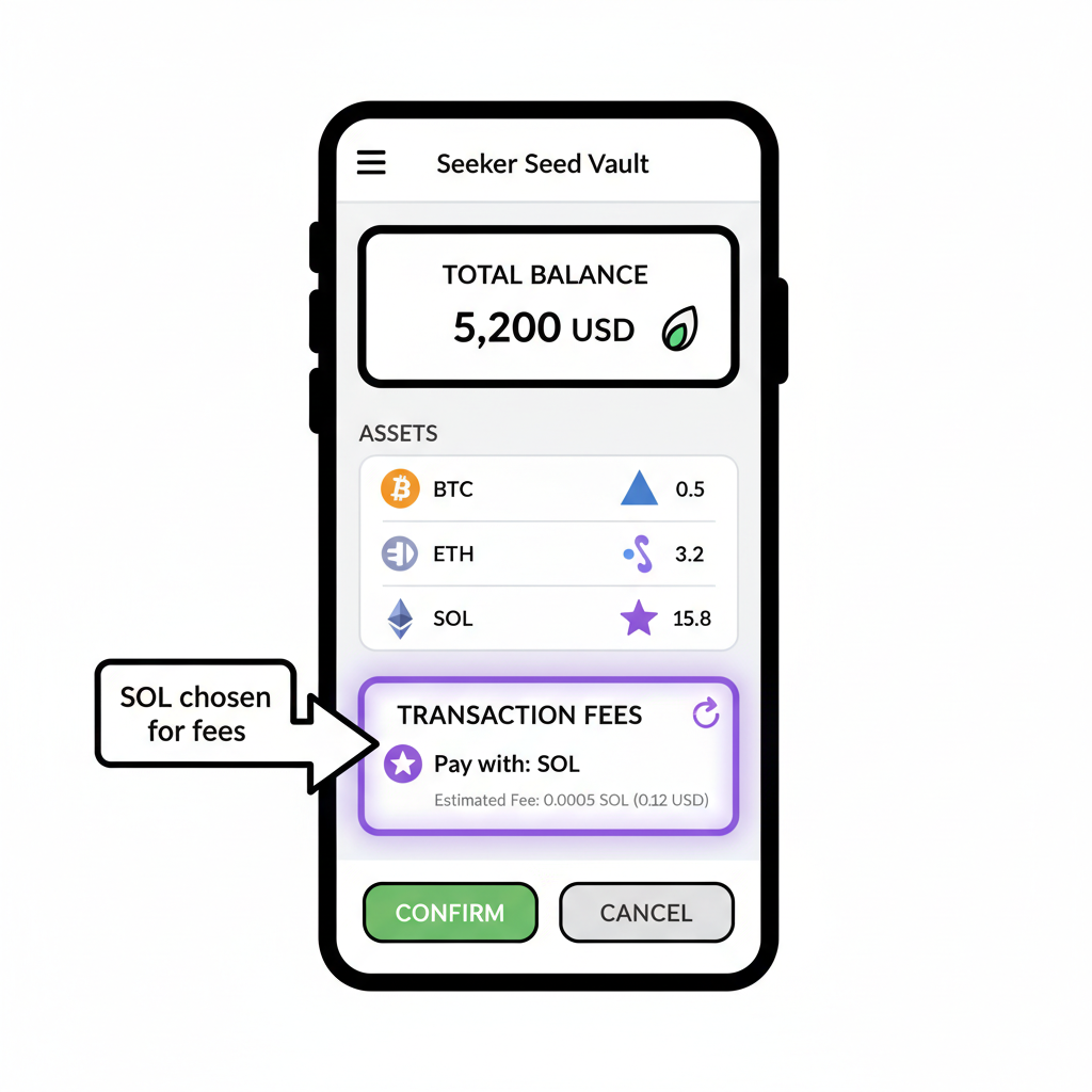 Seeker Seed Vault wallet balance screen highlighting SOL for fees, simple UI