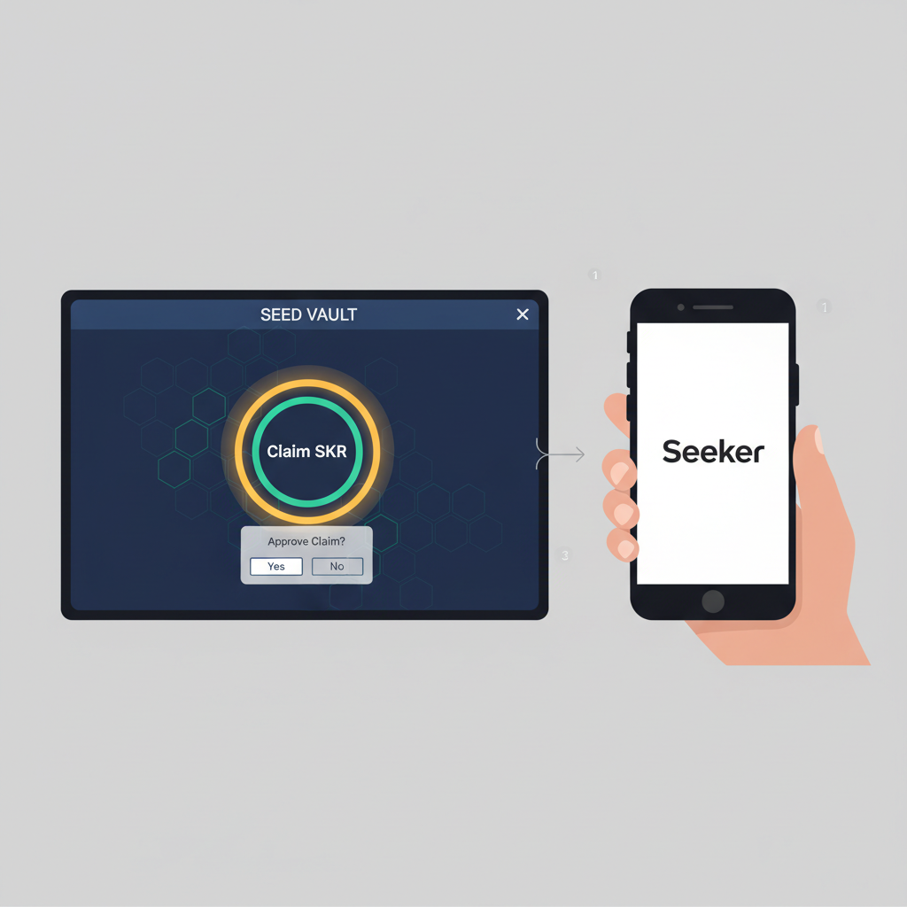 Seed Vault screen with Claim SKR button and approval prompt, Seeker phone