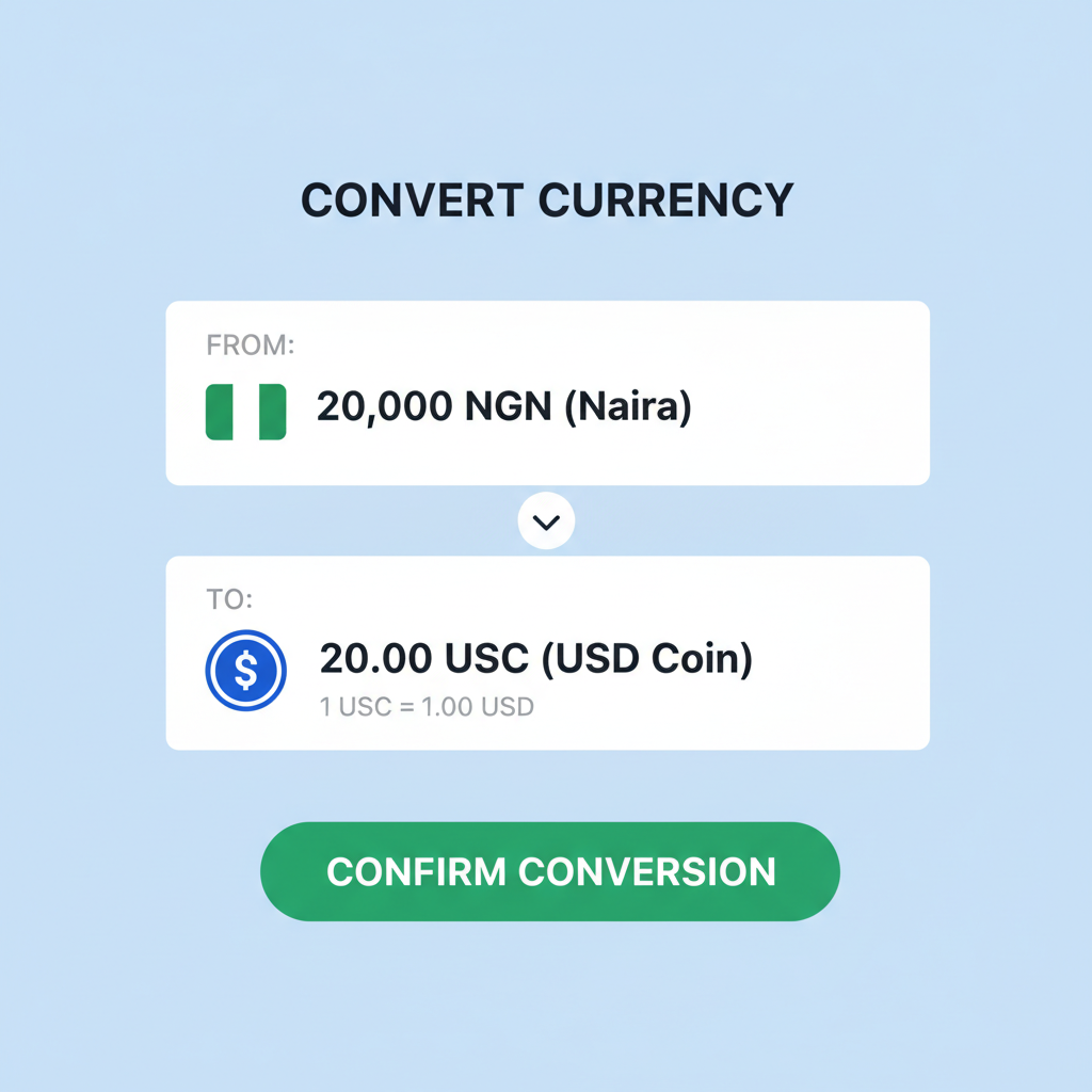 app conversion screen Naira to USDC at $1.00 peg