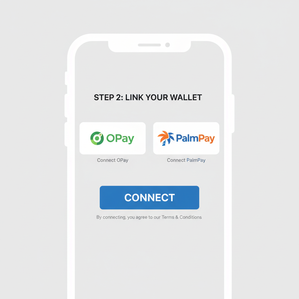 app interface linking OPay or PalmPay wallet with connect button