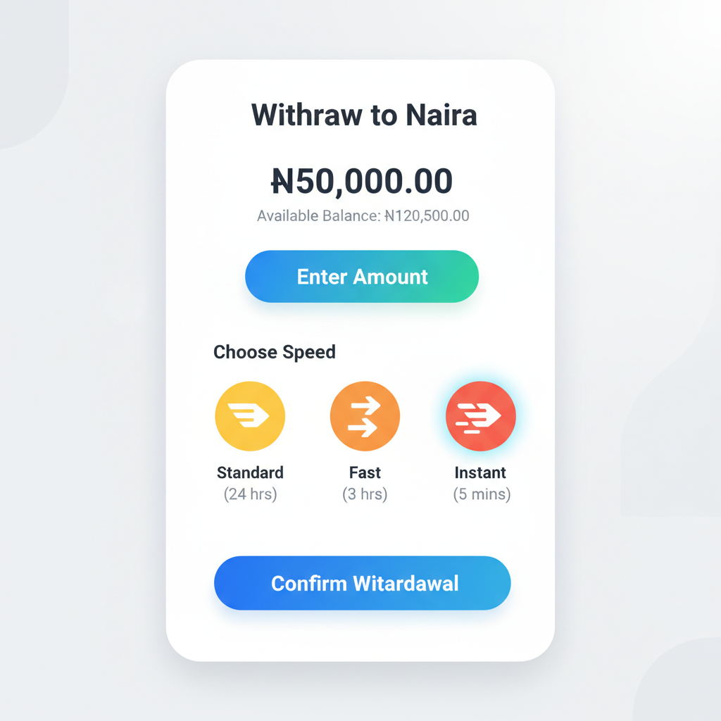 app withdrawal screen to Naira with speed icons