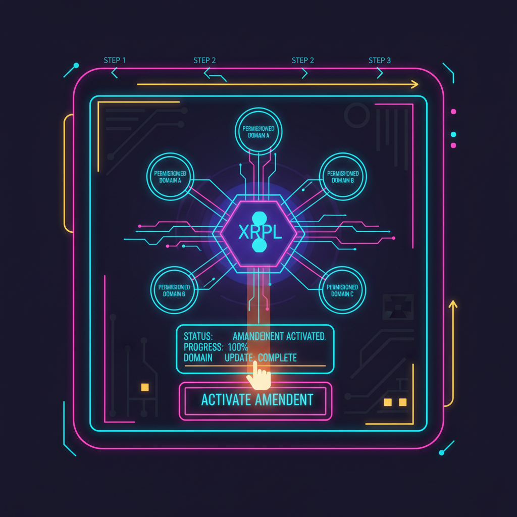 glowing XRPL node activating permissioned domains amendment, neon cyberpunk control panel