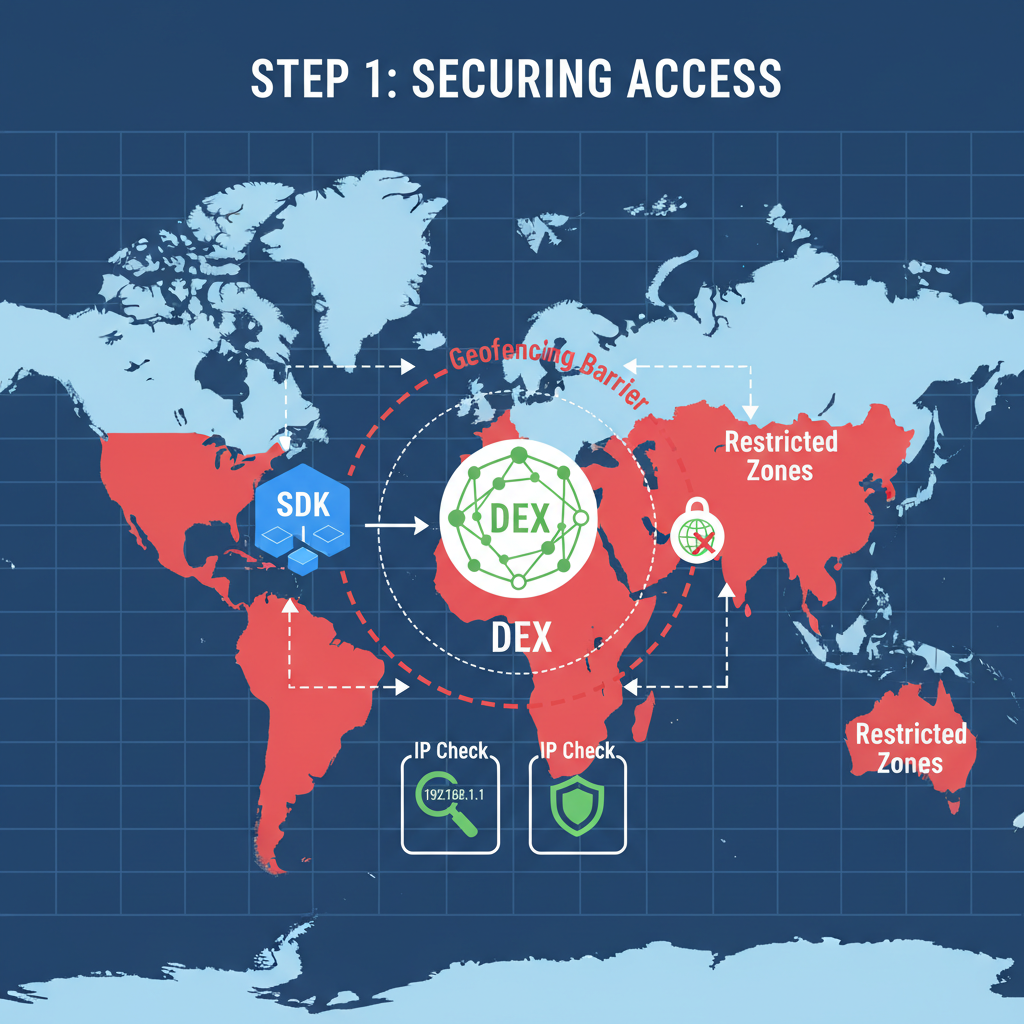 SDK hooking into DEX with geofencing barriers and IP checks, digital world map with red zones