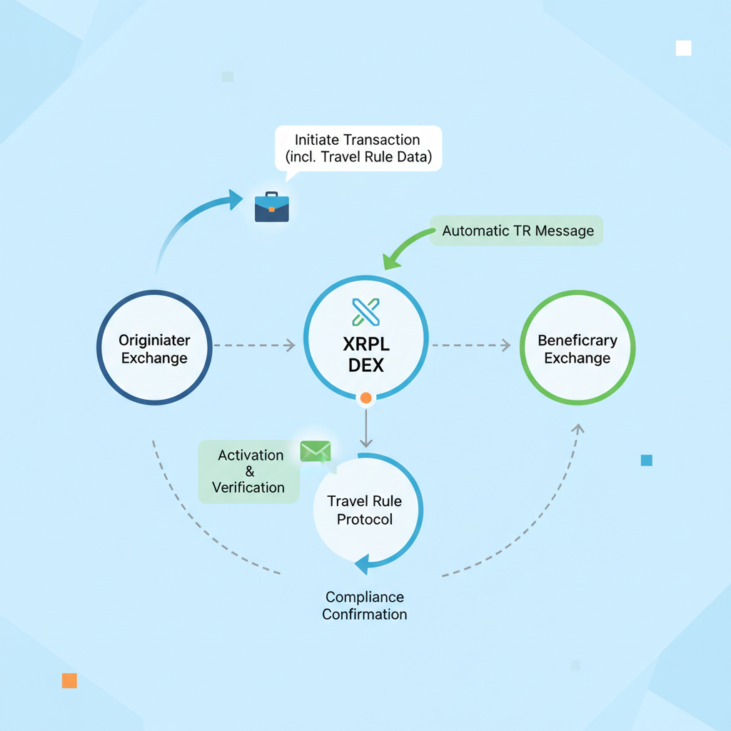 automatic Travel Rule messaging activation on XRPL DEX, compliance arrows flying between nodes