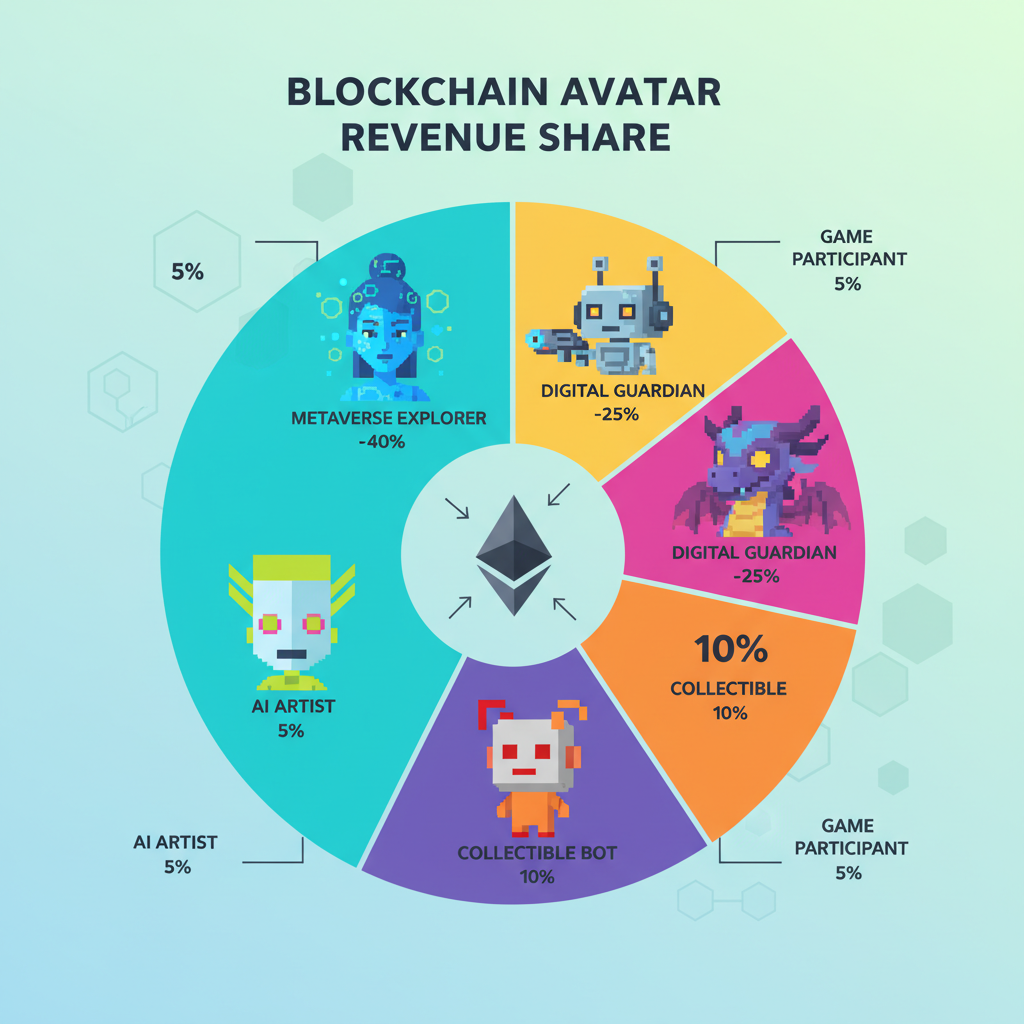 pie chart dividing revenue percentages among avatars on blockchain, vibrant data viz
