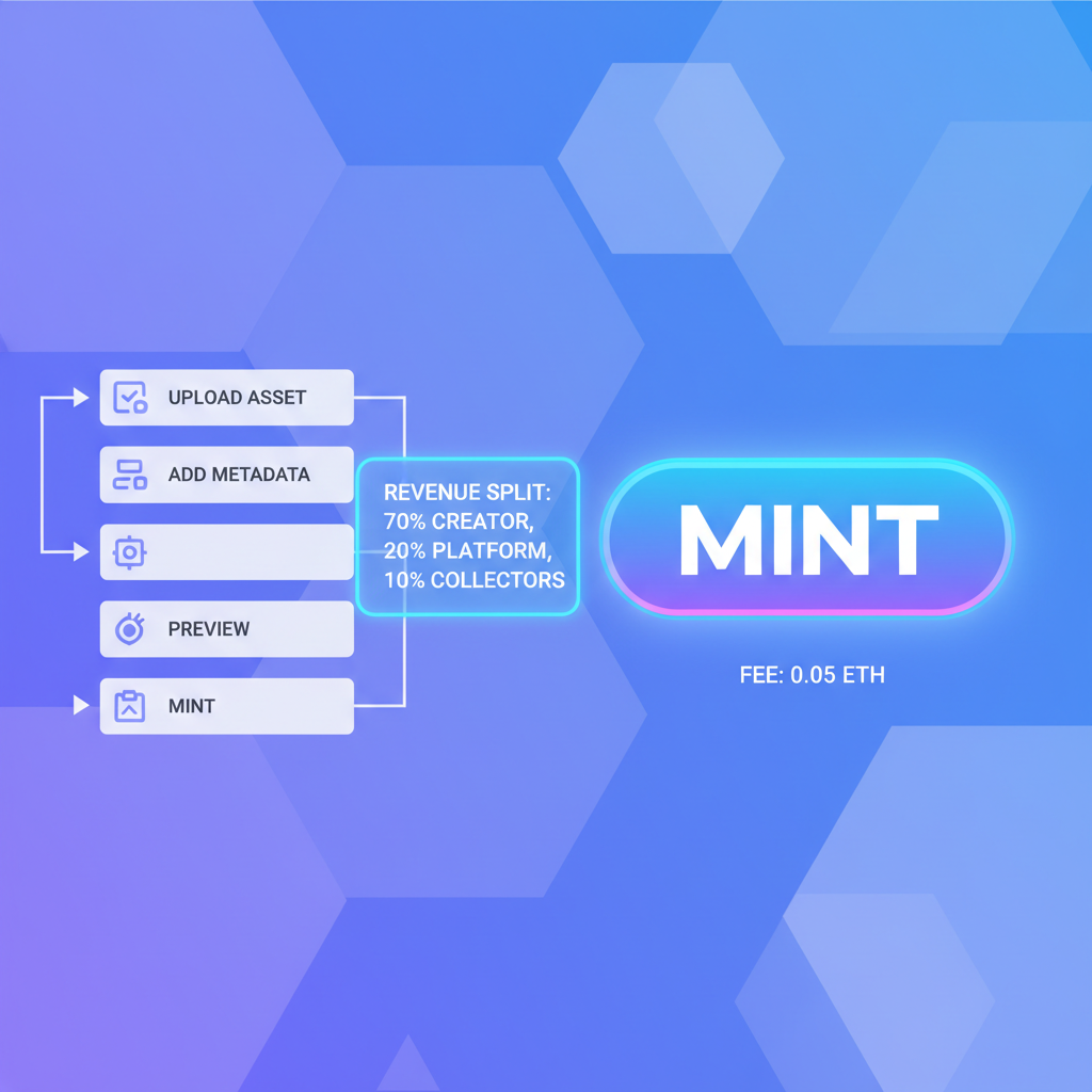 NFT minting process with revenue split metadata overlay, futuristic mint button glowing