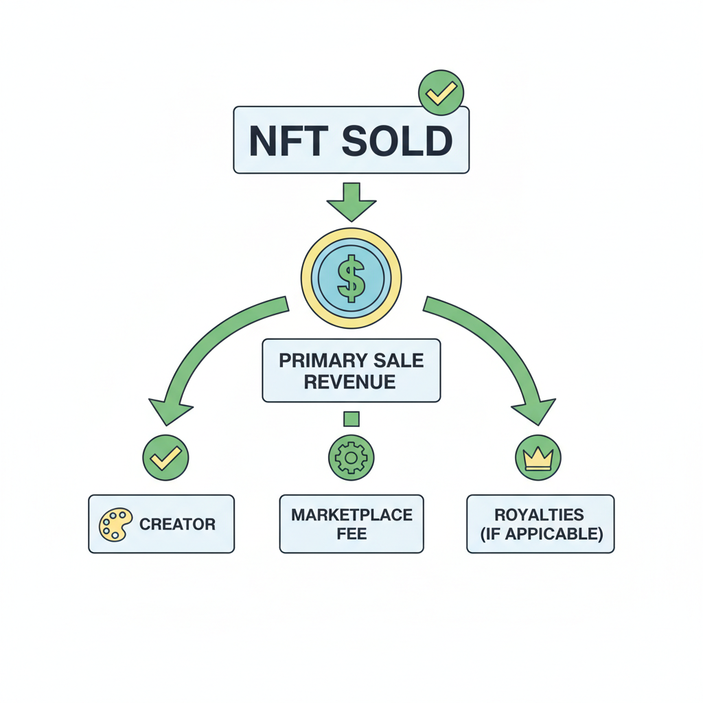 successful primary NFT sale transaction with payout arrows to recipients, green checkmarks