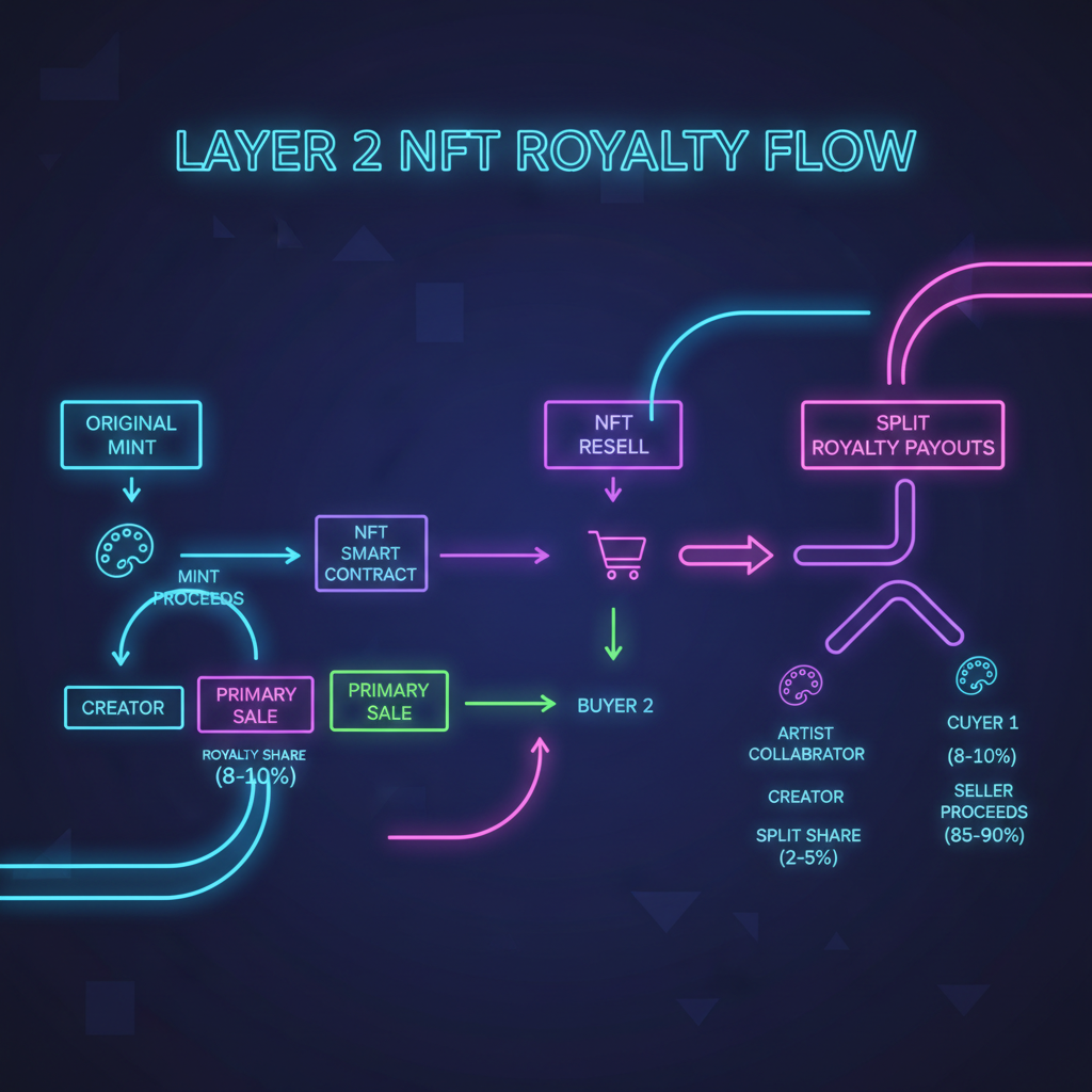 Layer 2 blockchain royalty flow diagram, NFTs reselling with split payouts, neon trails