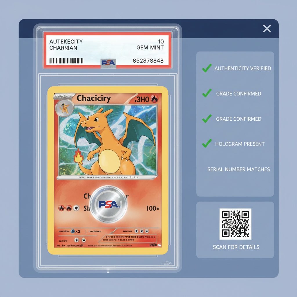 PSA graded Pokemon card close-up with hologram seal and verification checklist on digital interface