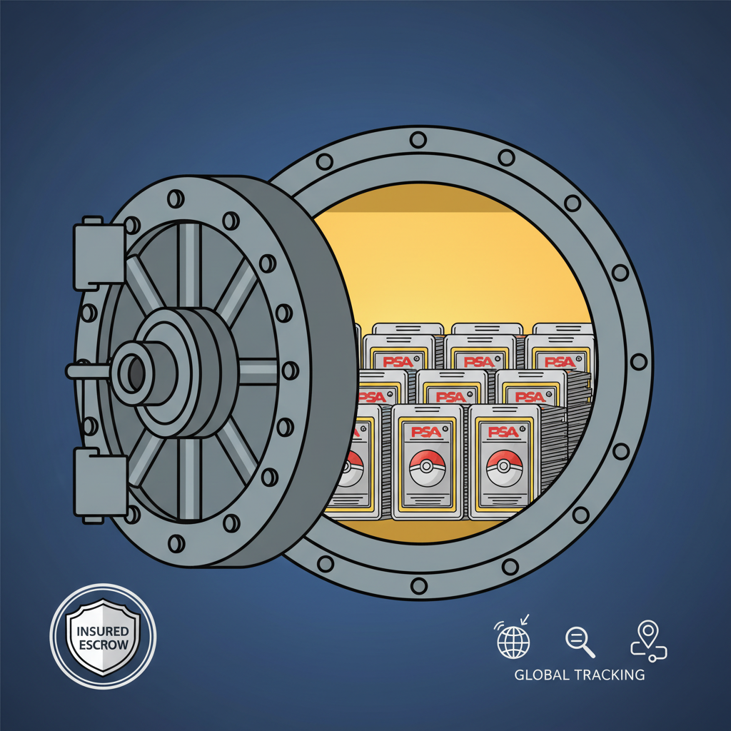 Secure vault door opening to reveal escrowed PSA Pokemon cards with insurance badge and tracking icons