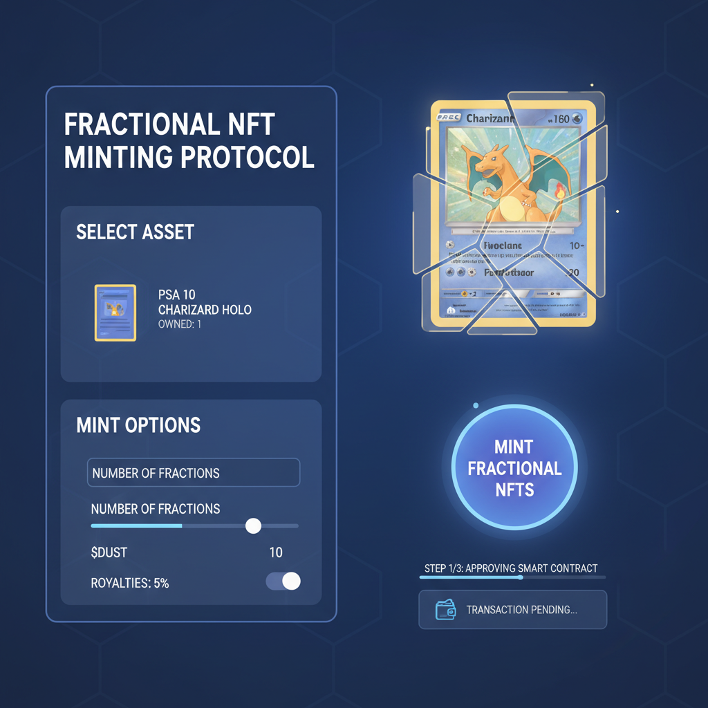Blockchain smart contract interface minting fractional NFTs from a glowing PSA Pokemon card