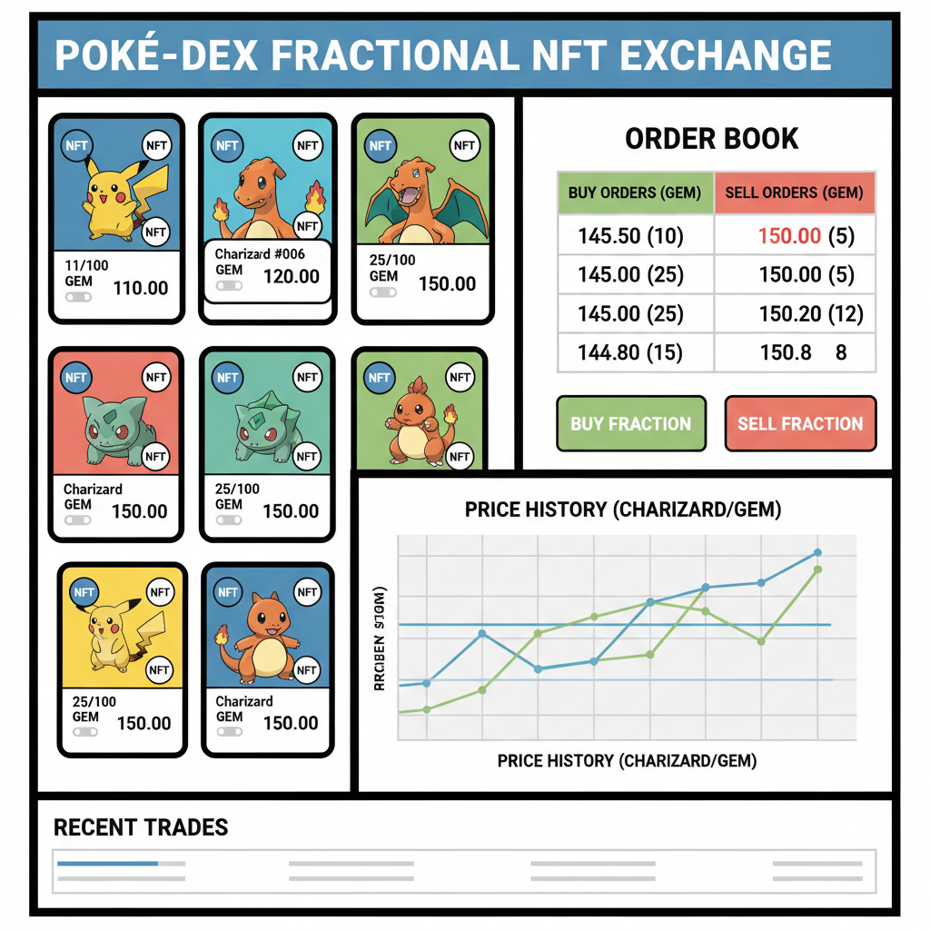 DEX trading dashboard showing fractional Pokemon NFT listings with buy/sell orders and charts
