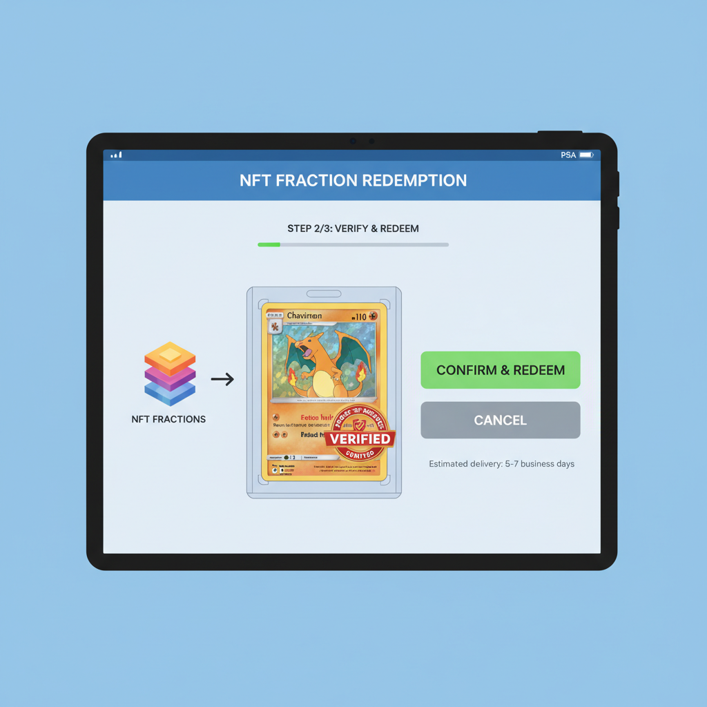 User interface redeeming NFT fractions for physical PSA Pokemon card with proof-of-reserves verification stamp