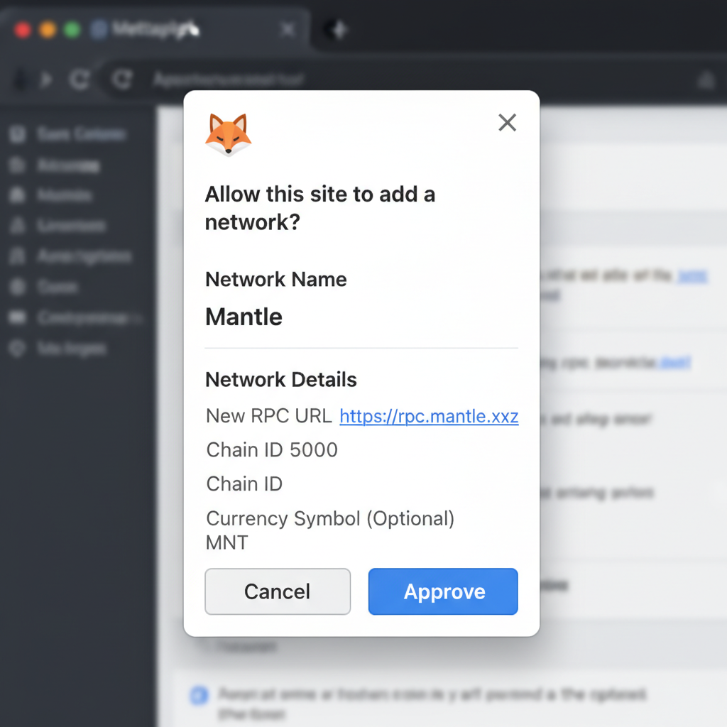MetaMask approval popup displaying Mantle network details like RPC and Chain ID