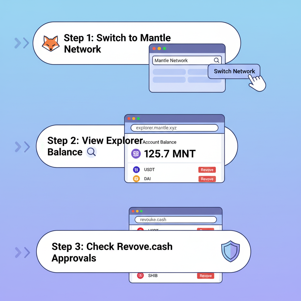 MetaMask switched to Mantle network, explorer balance view, revoke.cash approvals list