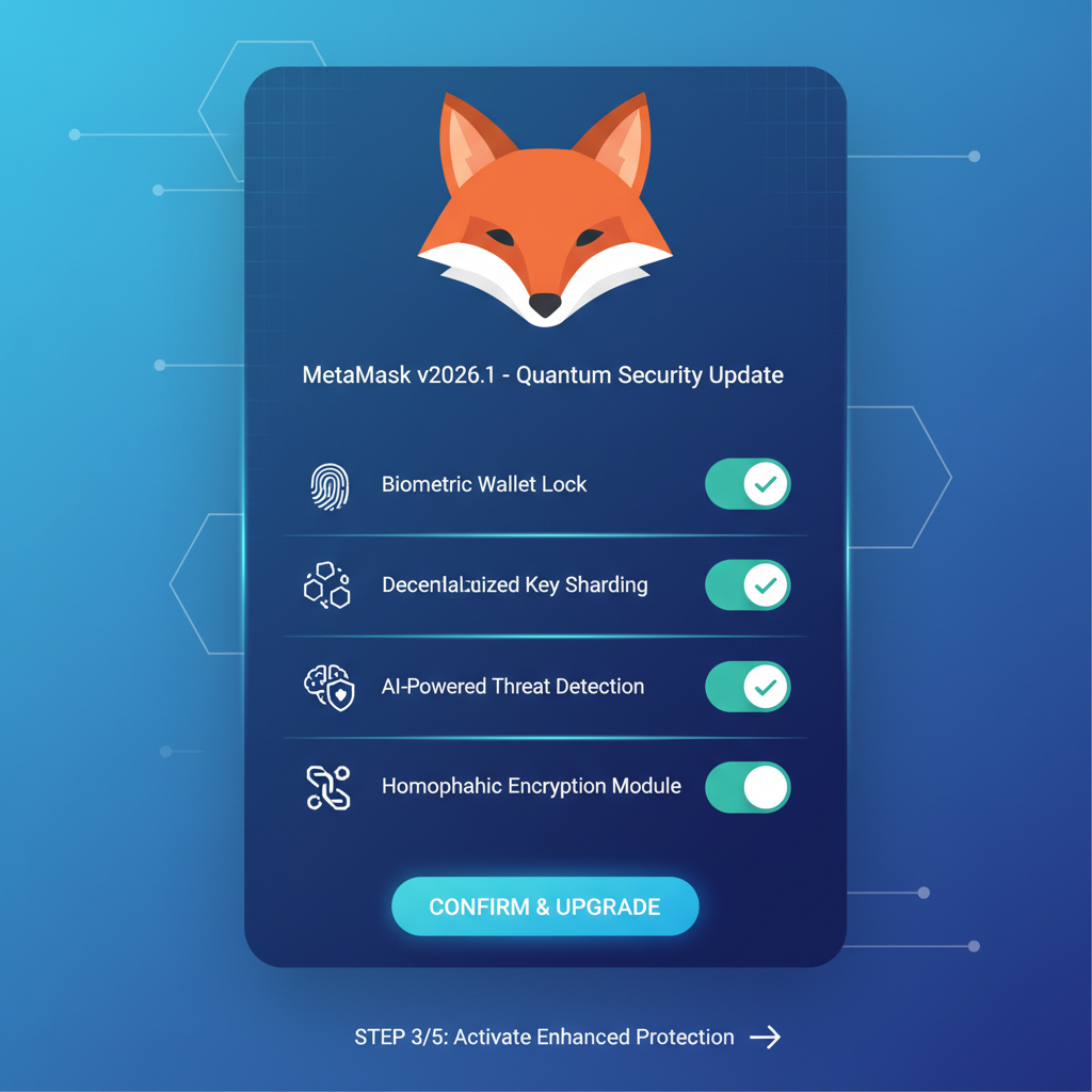 futuristic 2026 MetaMask update screen with security settings toggled on, clean UI