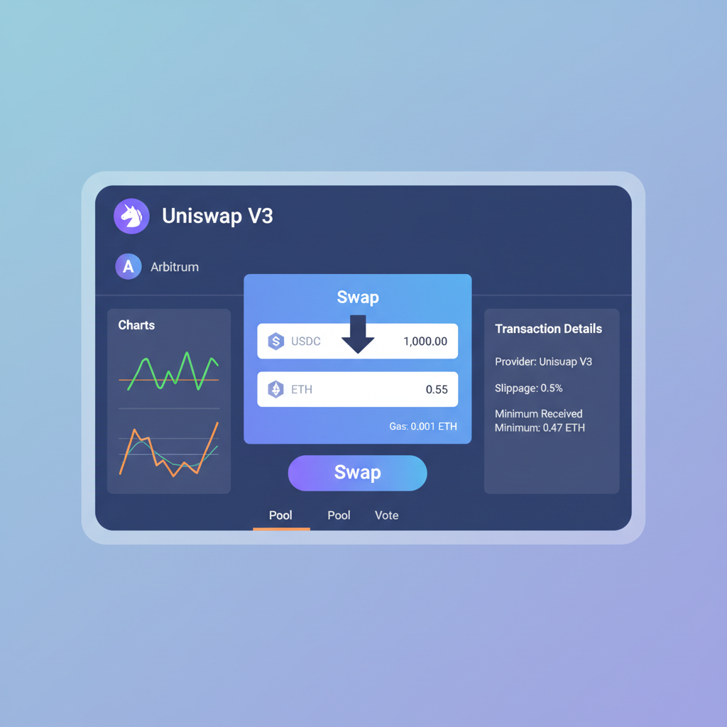 Uniswap V3 interface on Arbitrum swapping USDC to ETH, simple DEX trading screen