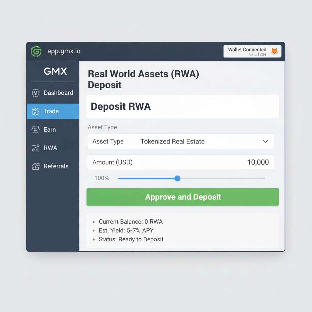 GMX app.gmx.io dashboard with wallet connected and RWA deposit interface