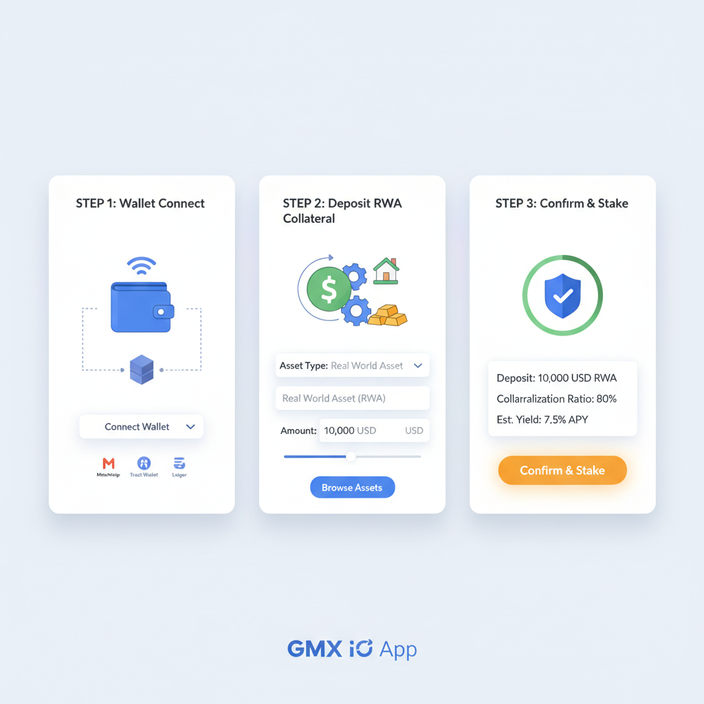 gmx io app interface wallet connect depositing rwa collateral, clean defi ui