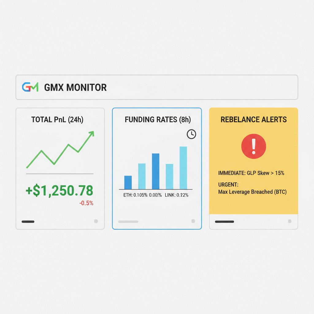 GMX monitoring dashboard with charts for PnL, funding rates, and rebalance alerts