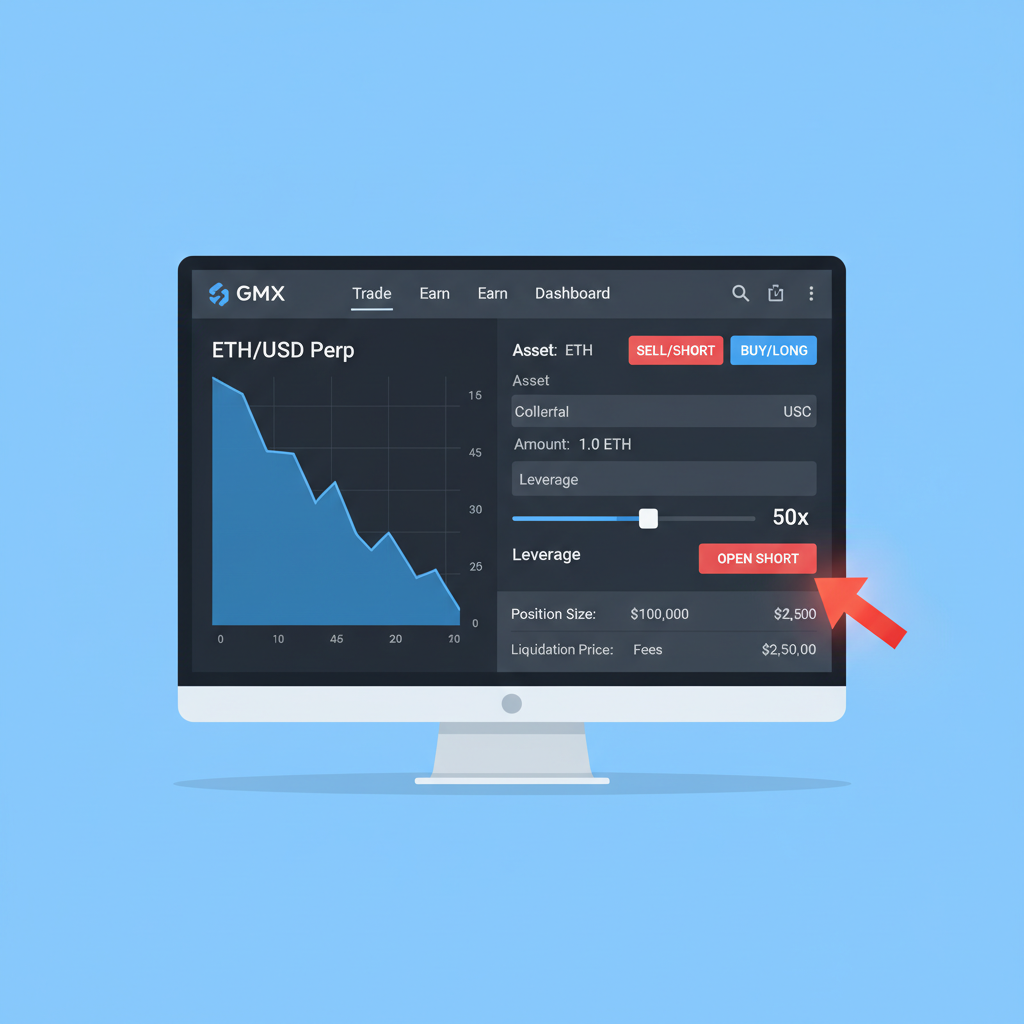 GMX trading interface opening short ETH perp position, leverage slider visible