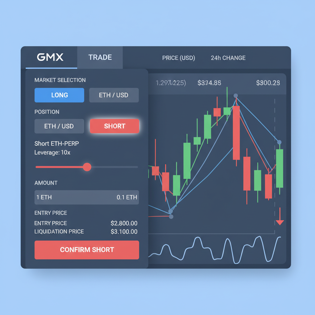 gmx trade tab opening short eth perp position with leverage slider, dynamic charts
