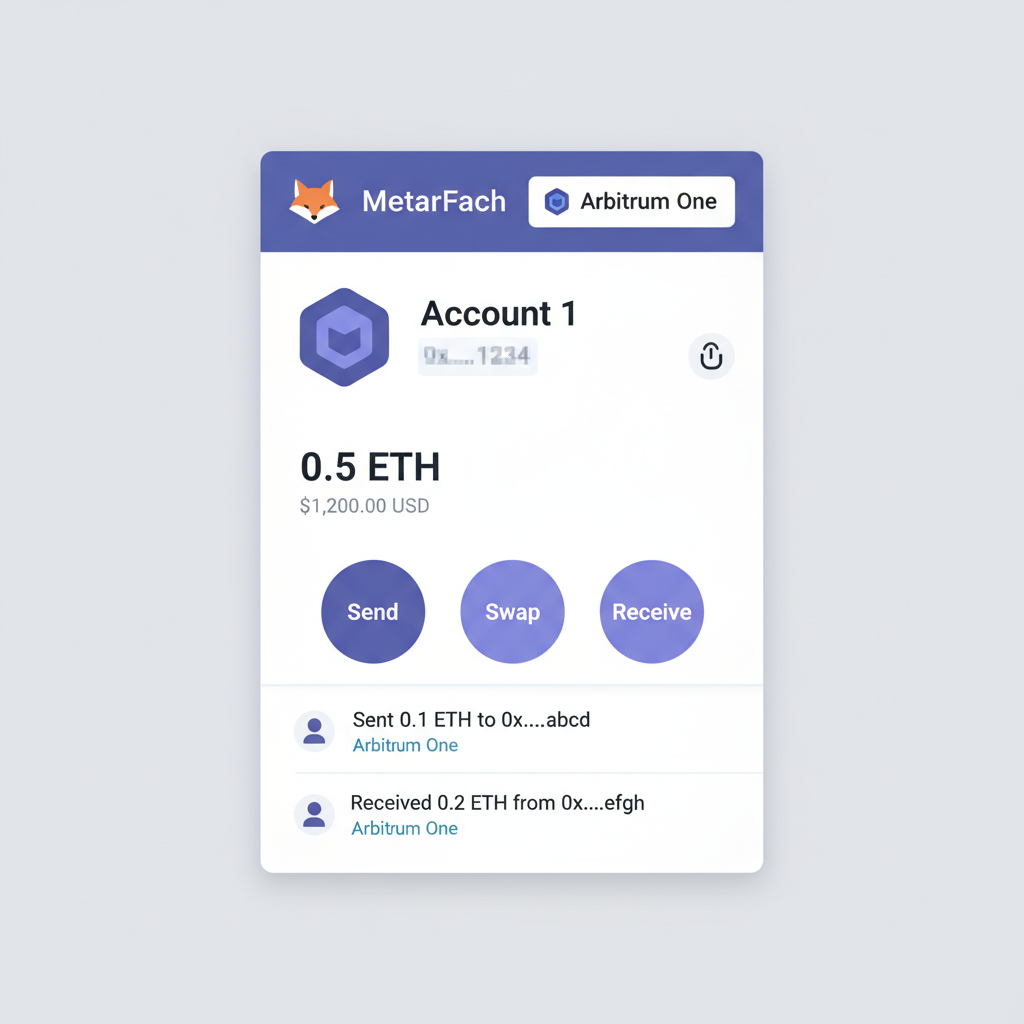 MetaMask wallet interface connected to Arbitrum One network, clean UI screenshot style