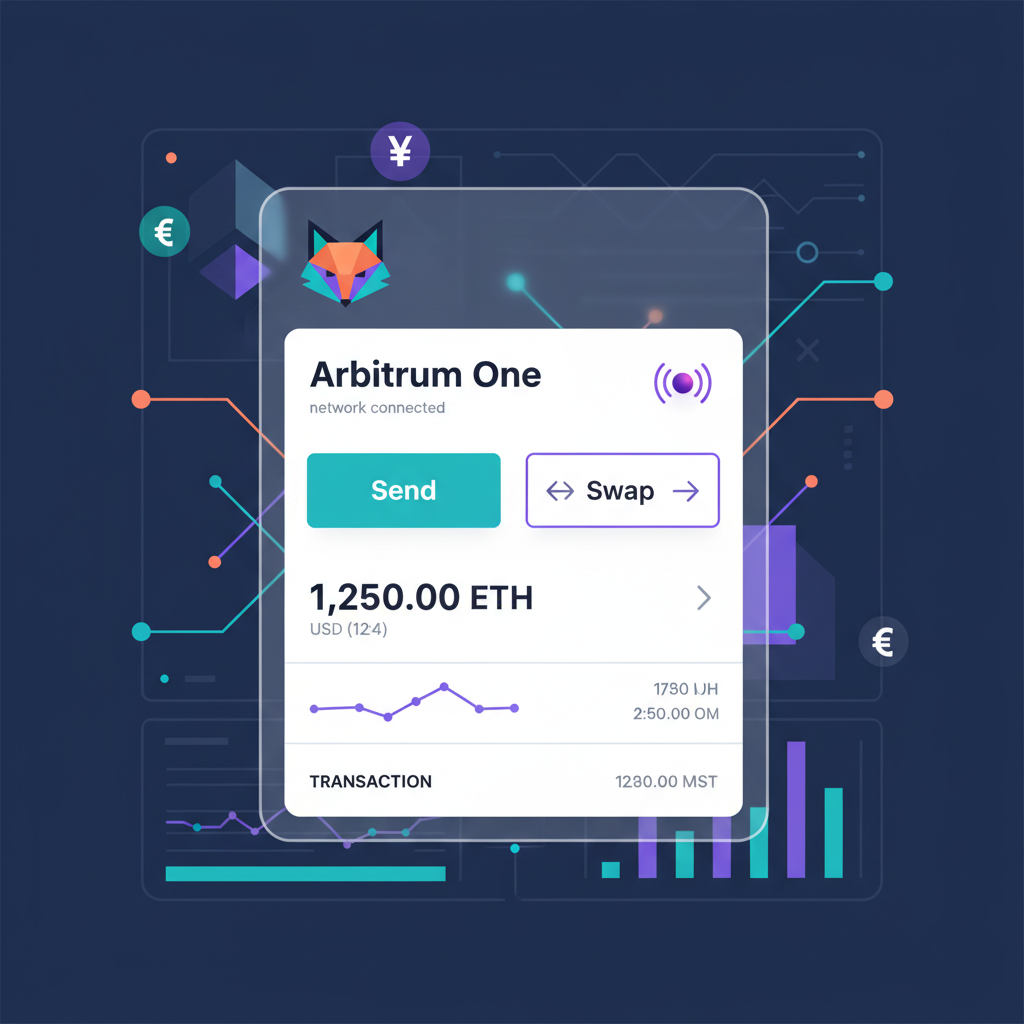 sleek metamask wallet interface connected to arbitrum one network, futuristic crypto dashboard