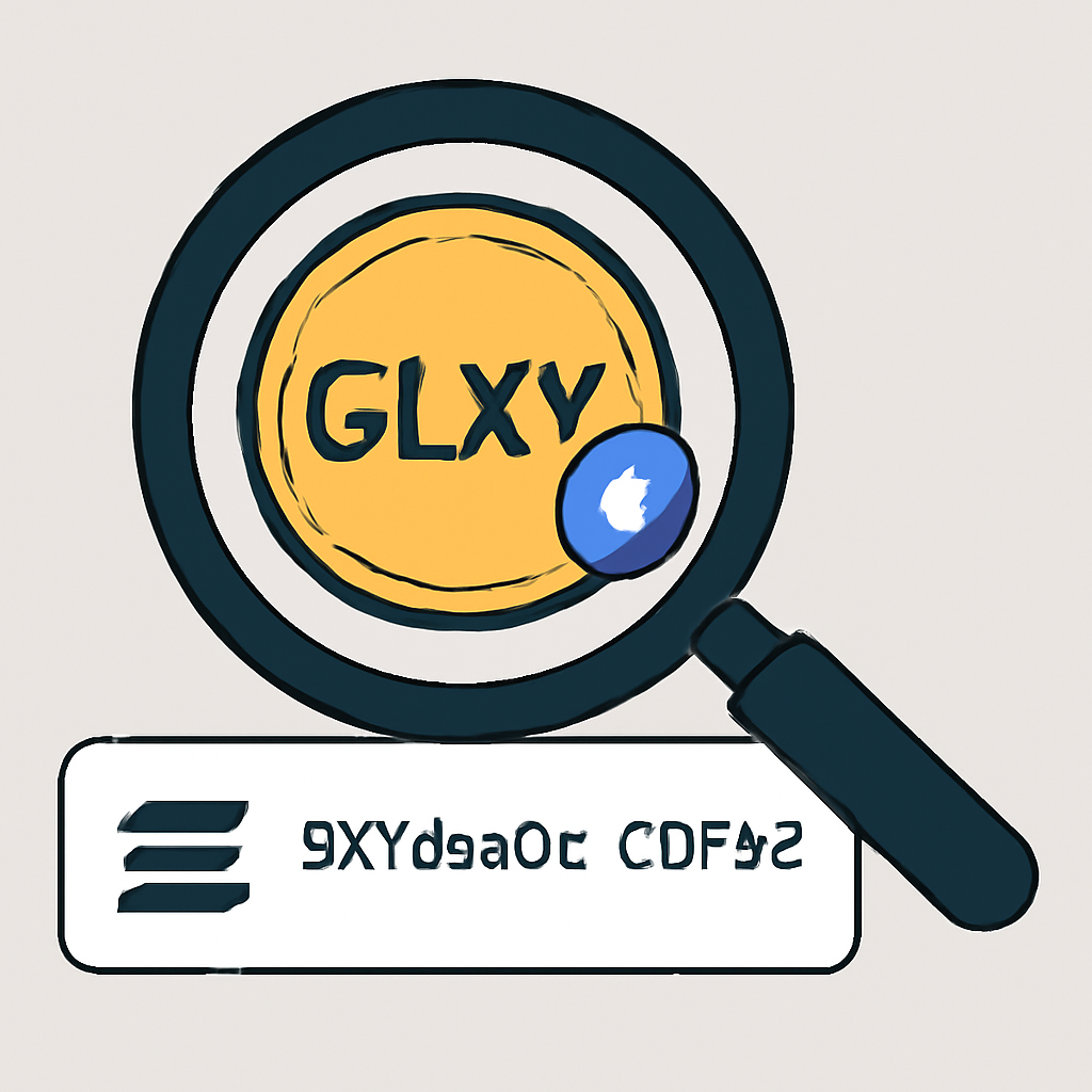 A magnifying glass inspecting a digital GLXY token, with a verified checkmark and the Solana contract address displayed