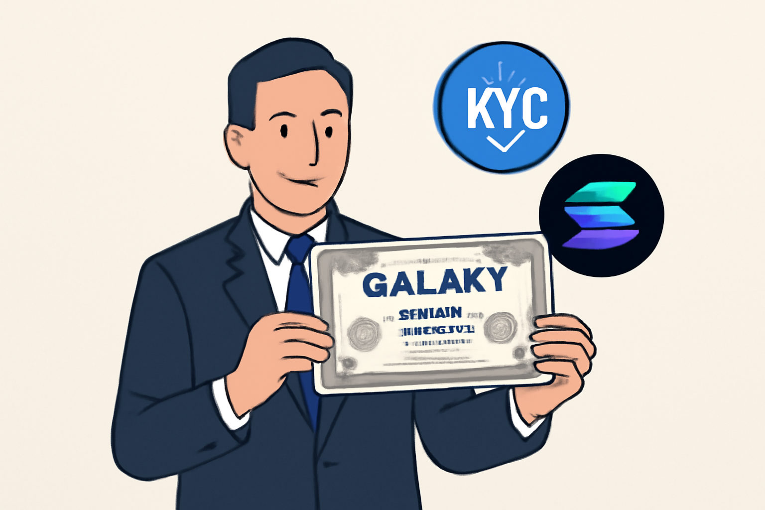 A professional investor holding Galaxy Digital (GLXY) share certificates, with a digital KYC verification badge and a Solana blockchain logo in the background