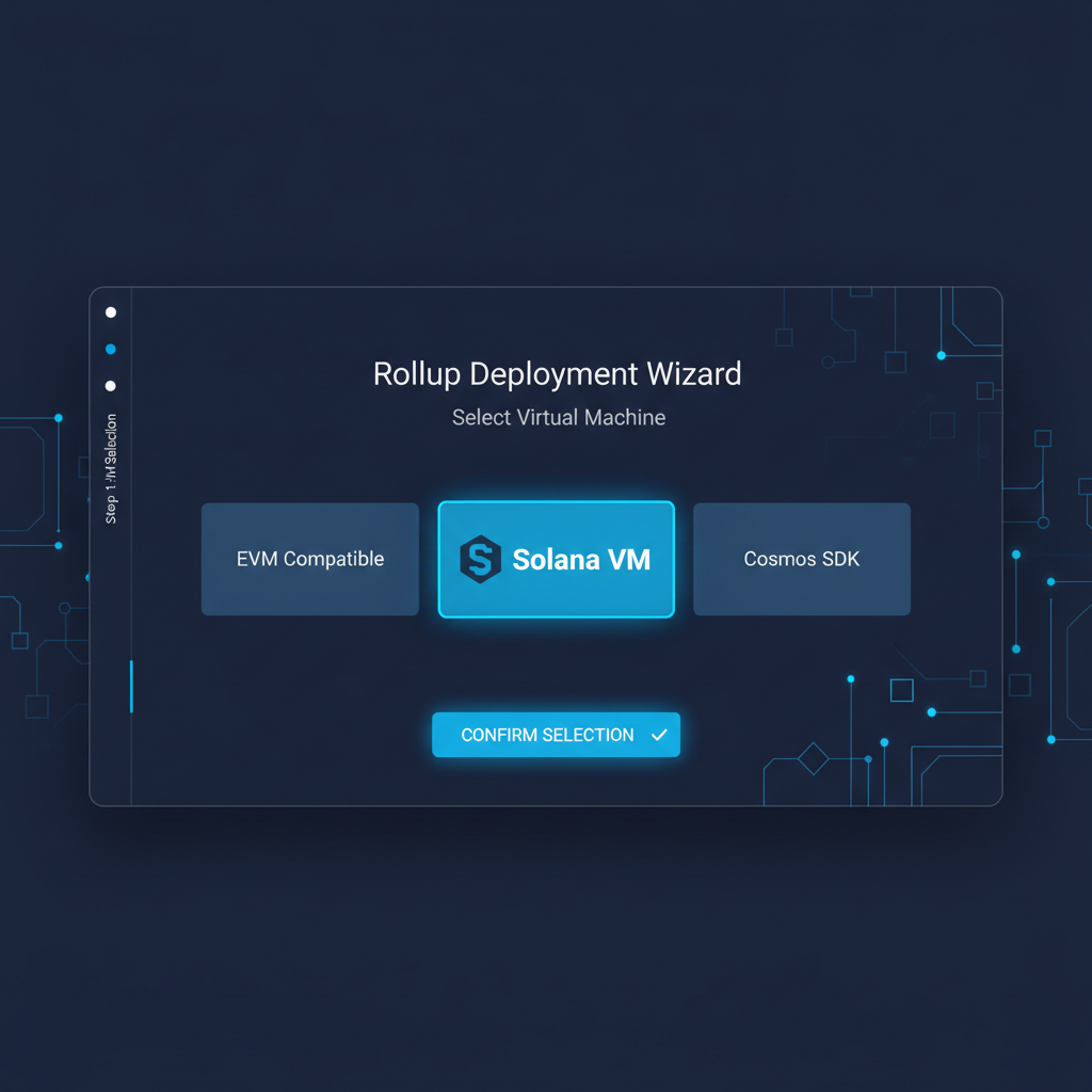 sleek dashboard selecting Solana VM for blockchain rollup deployment, futuristic UI, neon blues