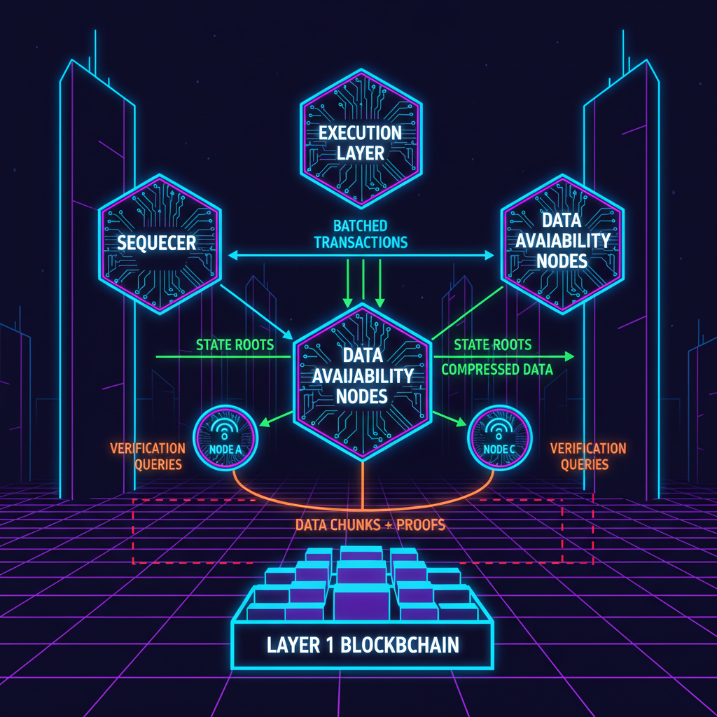 configuring data availability nodes in blockchain rollup setup, abstract data flow diagram, cyberpunk style