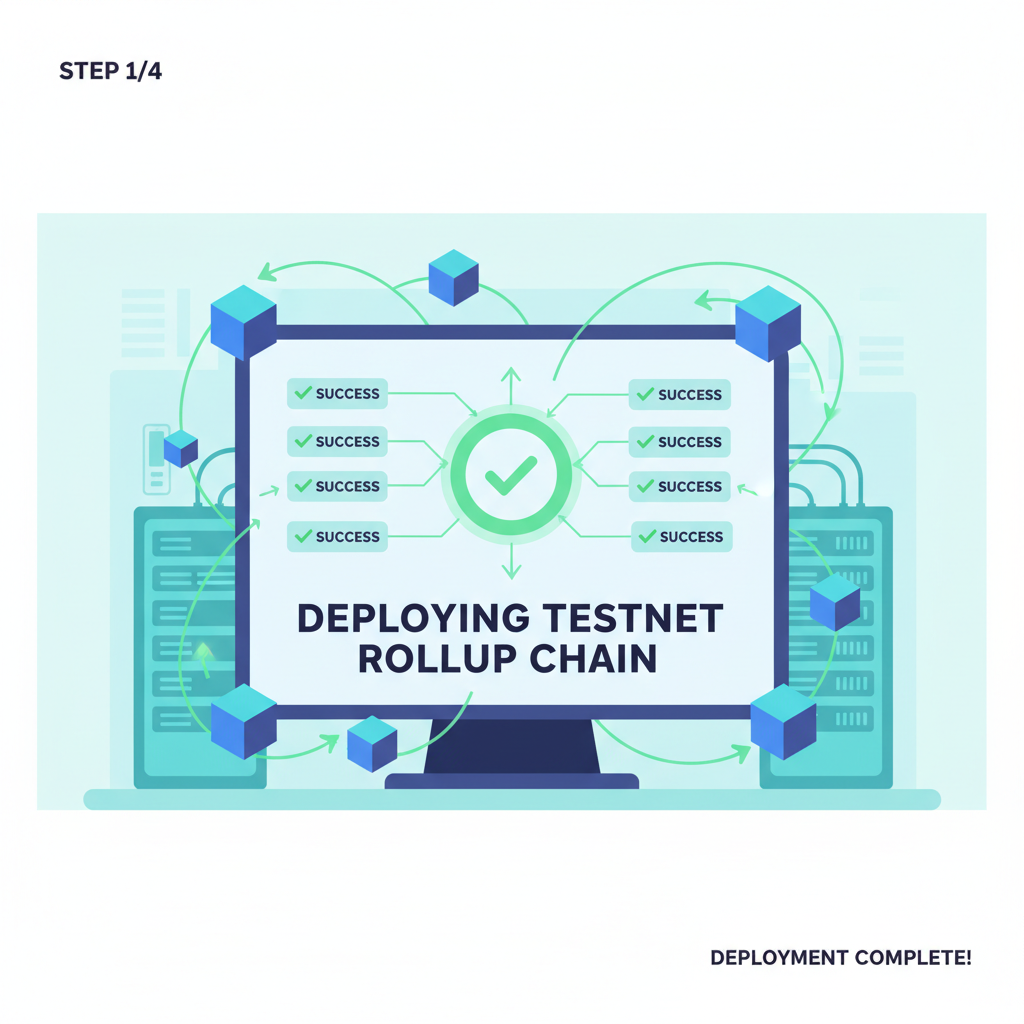 deploying testnet rollup chain, green success indicators on screen, blockchain nodes connecting