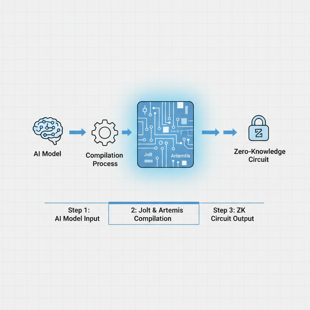 compiling AI model to zero-knowledge circuit diagram with Jolt and Artemis tools, circuit board glowing blue