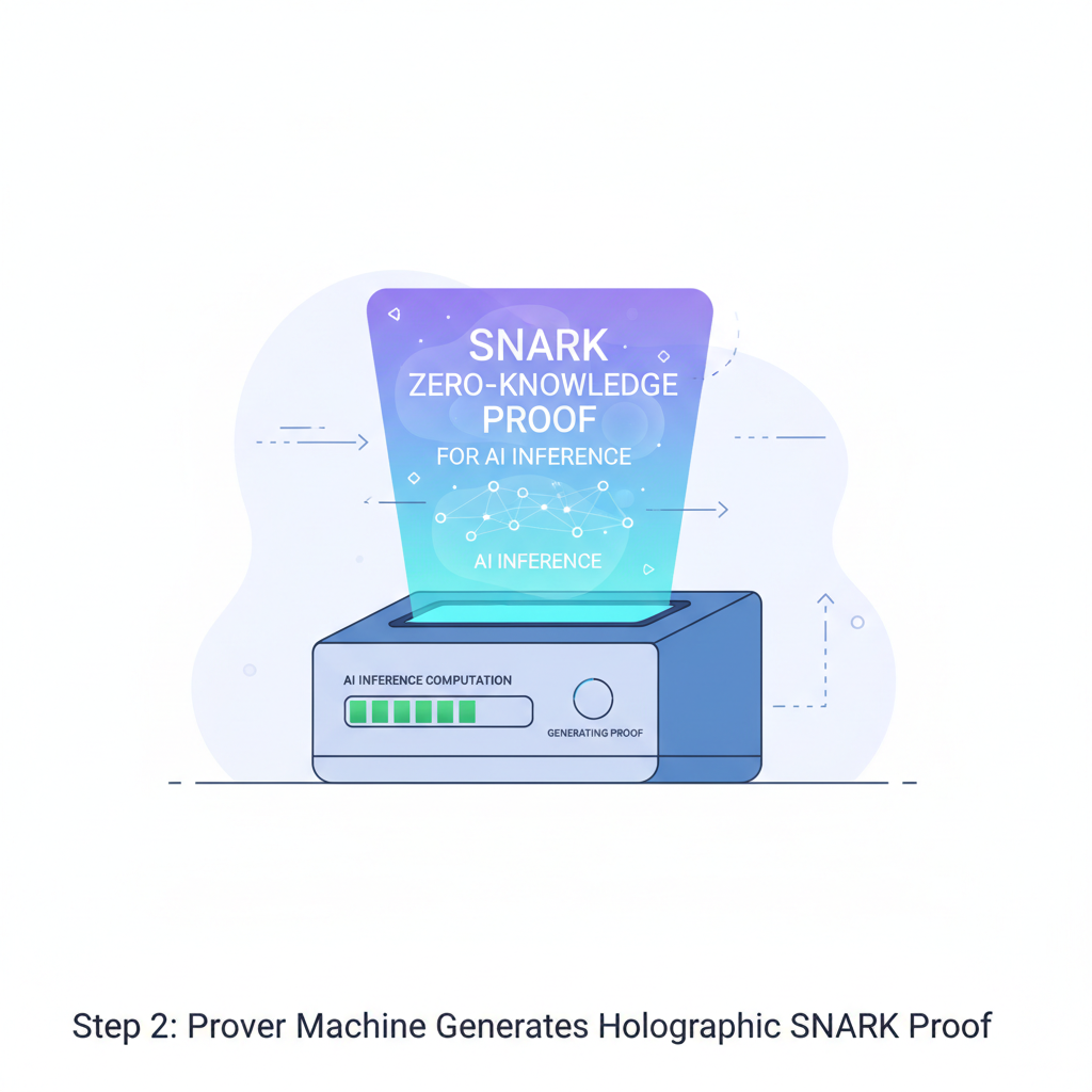 prover machine generating SNARK zero-knowledge proof for AI inference, holographic proof emerging